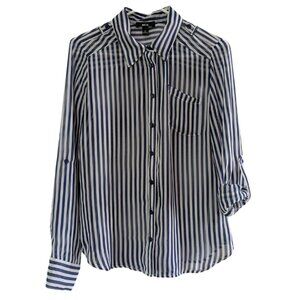 BCX Women's Sheer Striped Blouse Blue White, Size M, Long Sleeve, Button Front